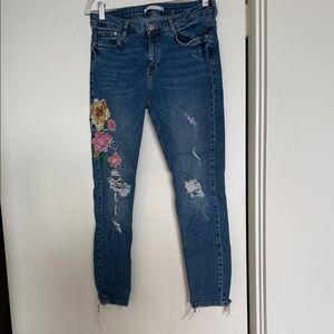 Zara Women’s Med Blue Distressed Jeans with Floral Embroidery